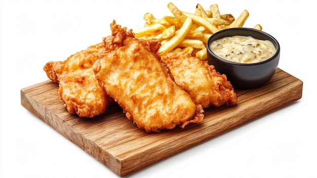 Delicious Fish and Chips on Wooden Board Isolated on White Background