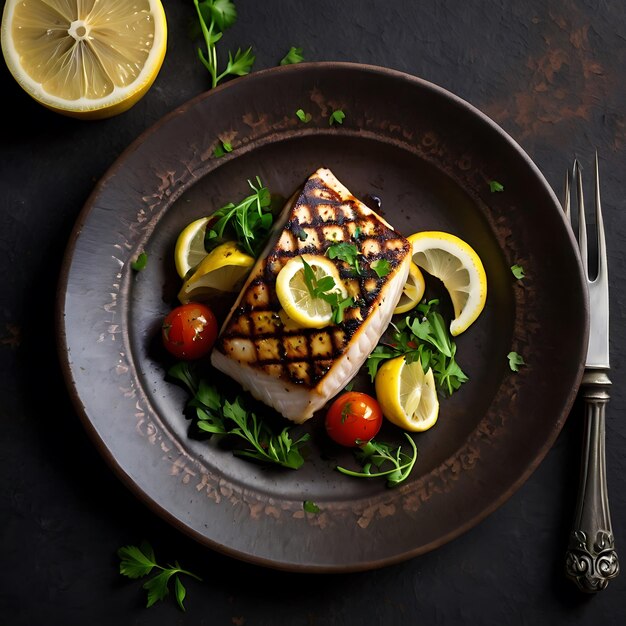 Photo delicious fish dish with lemon and salad baked or fried salmon or tuna seafood healthy concept