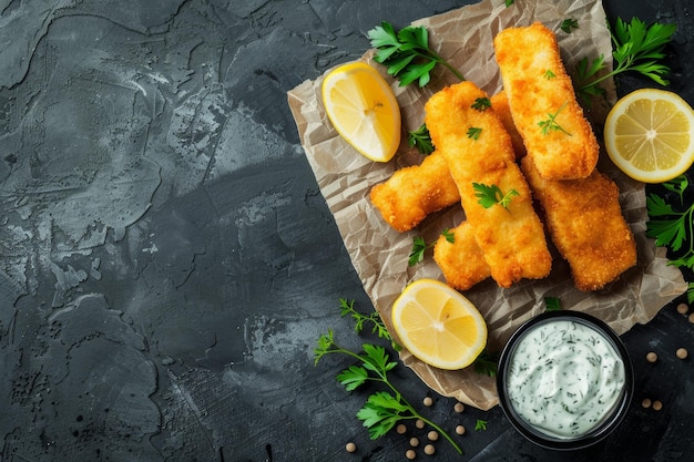 Photo delicious fish sticks served with fresh lemon slices and tartar sauce on a textured surface ideal for a casual meal or snack