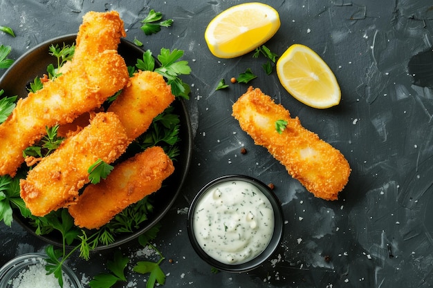 Photo delicious fish sticks served with lemon wedges and tartar sauce on a black surface perfect for a casual meal at any time of day