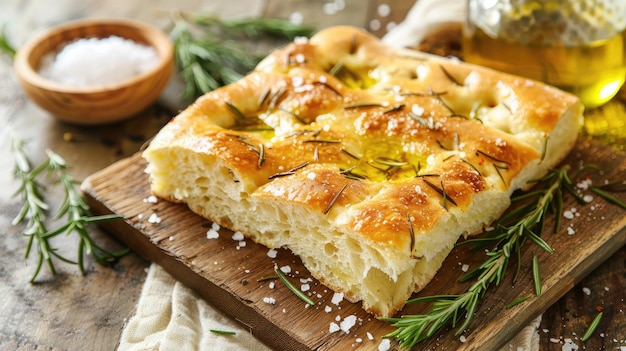 Delicious focaccia bread topped with rosemary and sea salt presented on a wooden table