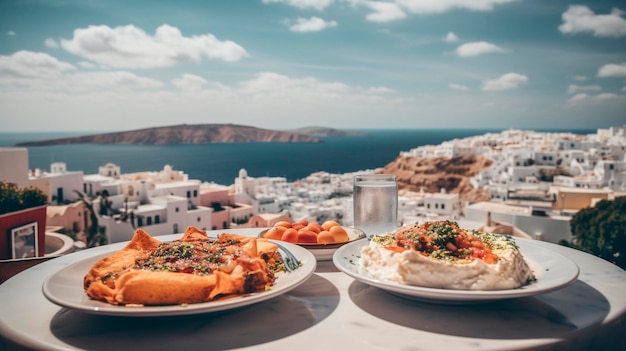 Delicious food against the backdrop of the white Greek city on the island Generative AI