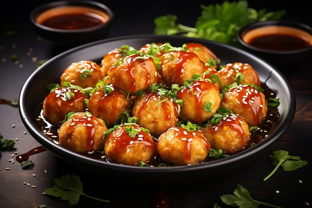 Delicious Food of Fried Fish Balls with Sauce and Celery Sprinkle Served in a Plate