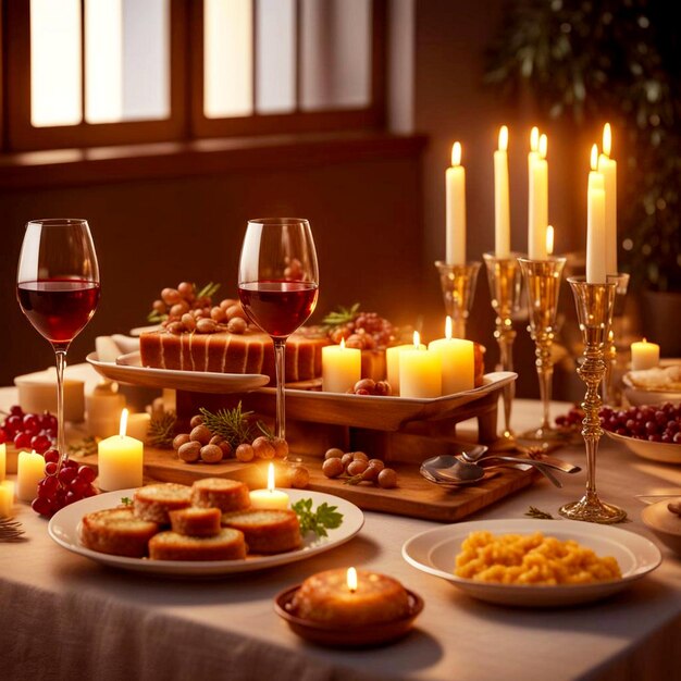 Delicious food prepared for Jewish Hanukkah on a beautiful table with wine decoration champagne