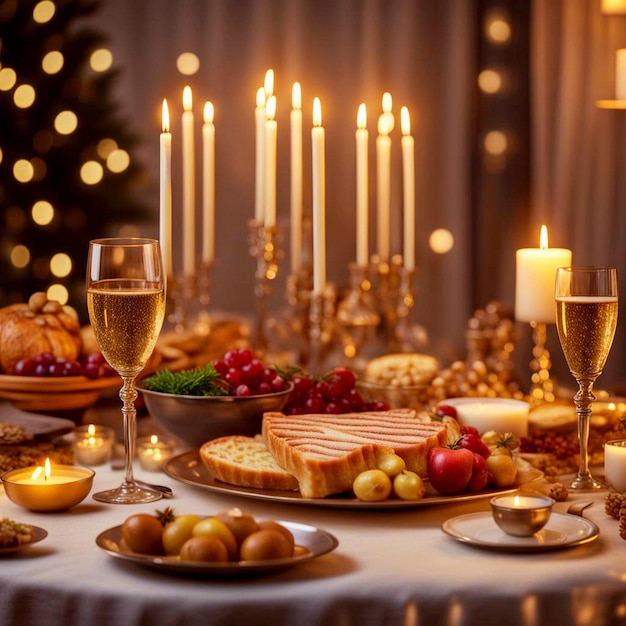 Delicious food prepared for Jewish Hanukkah on a beautiful table with wine decoration champagne