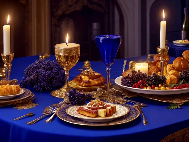 Delicious food prepared for Jewish Hanukkah on a beautiful table with wine decoration champagne