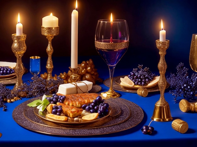 Delicious food prepared for Jewish Hanukkah on a beautiful table with wine decoration champagne