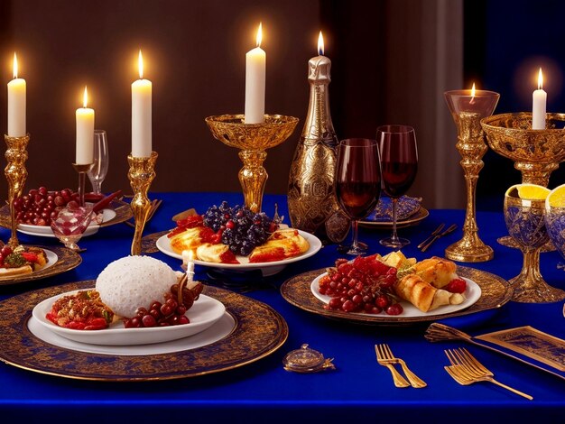 Delicious food prepared for Jewish Hanukkah on a beautiful table with wine decoration champagne