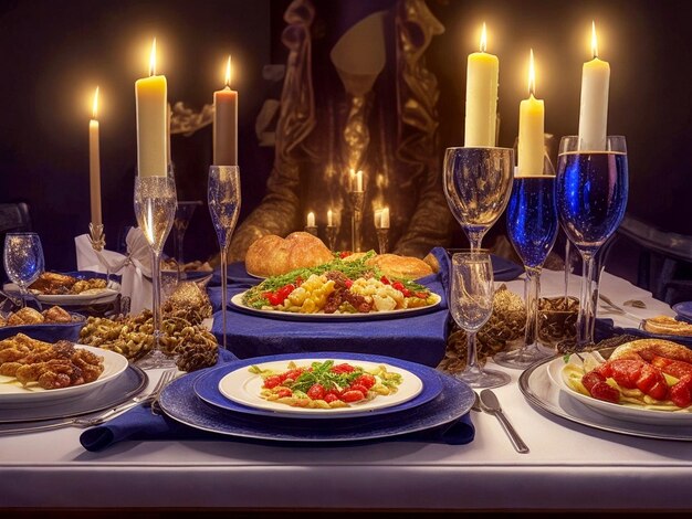 Delicious food prepared for Jewish Hanukkah on a beautiful table with wine decoration champagne