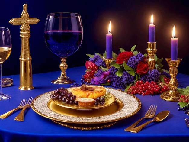 Delicious food prepared for Jewish Hanukkah on a beautiful table with wine decoration champagne