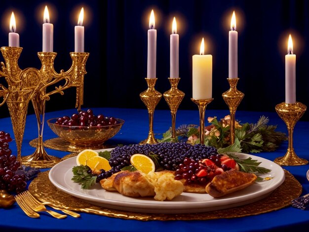 Delicious food prepared for Jewish Hanukkah on a beautiful table with wine decoration champagne