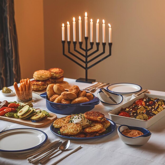 Delicious food prepared for jewish hanukkah celebration