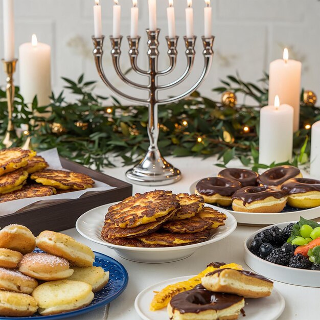 Delicious food prepared for jewish hanukkah celebration