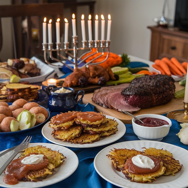 Delicious food prepared for jewish hanukkah celebration