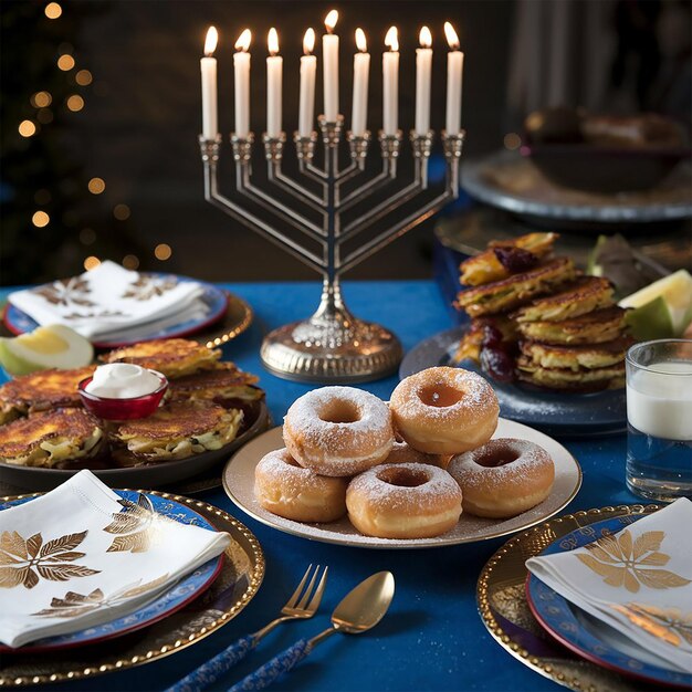 Delicious food prepared for jewish hanukkah celebration