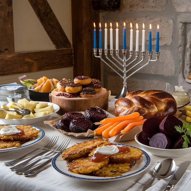 Delicious food prepared for jewish hanukkah celebration