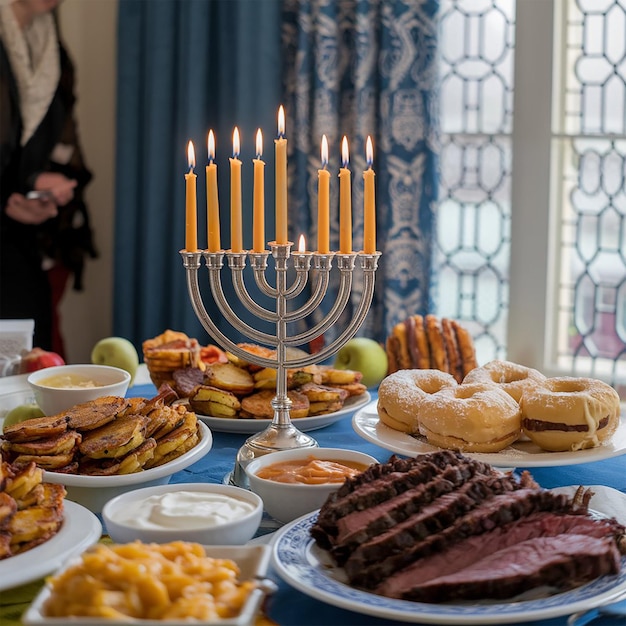 Delicious food prepared for jewish hanukkah celebration