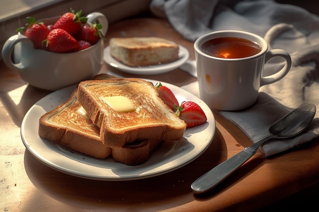 Delicious Food Strawberry Toast and Cup of Tea Served in Restaurant for Breakfast