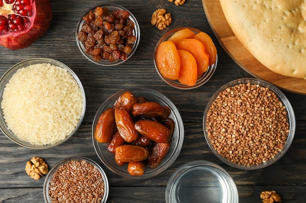 delicious food on wooden background