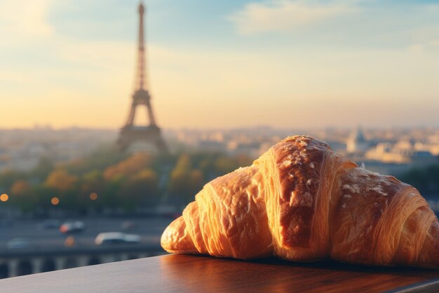 Delicious french croissant with Eiffel Tower in blur in Paris view romantic parisian pastry delight