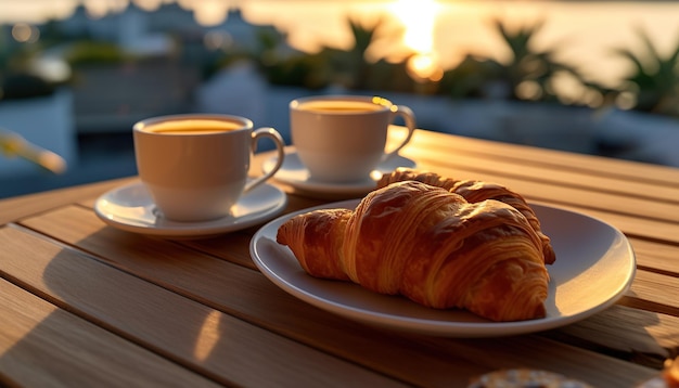 Delicious french croissants and a cup of coffee on a table