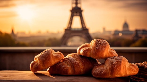 Delicious french croissants on romantic background of Eiffel tower Paris Generative AI