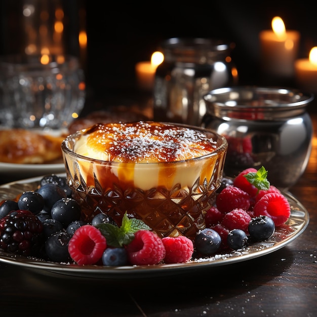 A delicious French dessert such as creme brulee which is golden and crisp on the outside and soft