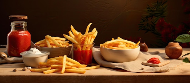 Delicious French fries and sauces are placed on the table