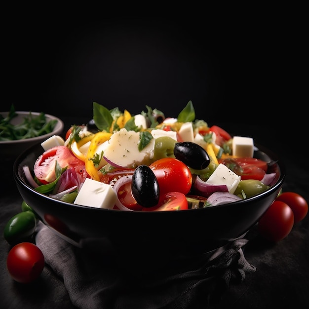 Delicious fresh appetizing salad of cheese tomatoes and black olives Greek salad closeup