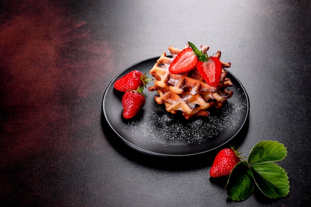 Delicious fresh baked waffles with berries and fruit