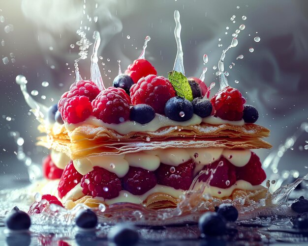 Delicious Fresh Berry Topped Pancake Stack with Splashing Syrup Healthy Breakfast Concept in High