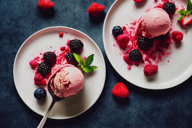 Delicious fresh blackberry ice cream with different type of berries