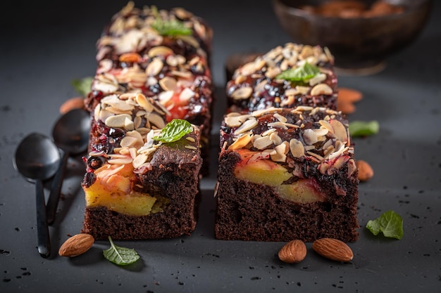 Delicious and fresh brownie made of fruits and almond