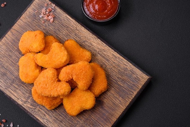 Delicious fresh crispy chicken nuggets on a dark concrete background