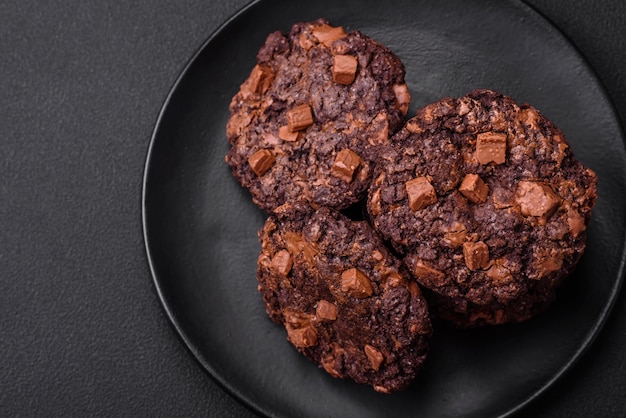 Delicious fresh crispy oatmeal cookies with chocolate and nuts