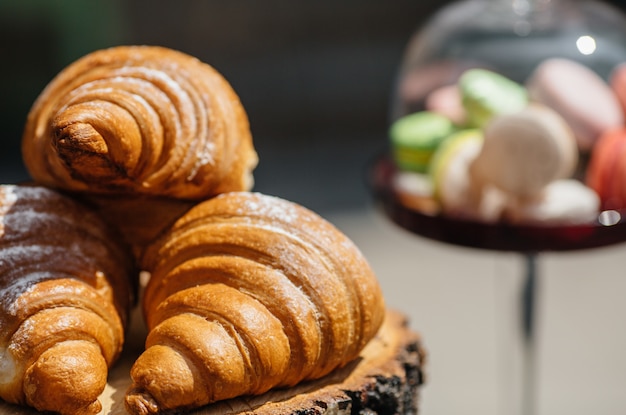 Delicious fresh croissants in street cafe