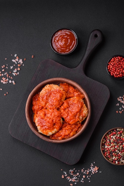 Delicious fresh cutlets or meatballs with spices herbs and tomato sauce