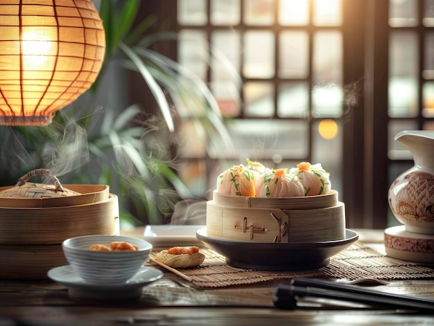 Photo delicious fresh dim sum beautiful serving exquisite decor light interior staged professional photo