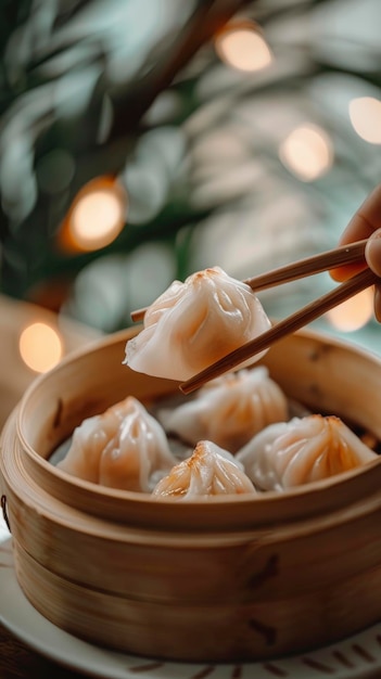 Photo delicious fresh dim sum beautiful serving exquisite decor light interior staged professional photo