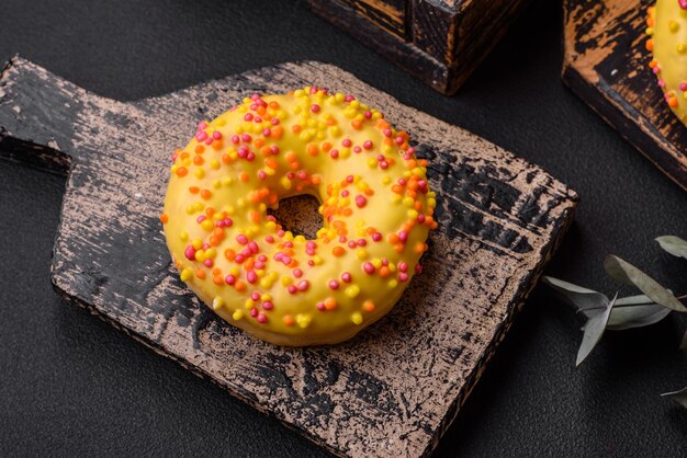 Delicious fresh donuts in yellow glaze with lemon flavor filling