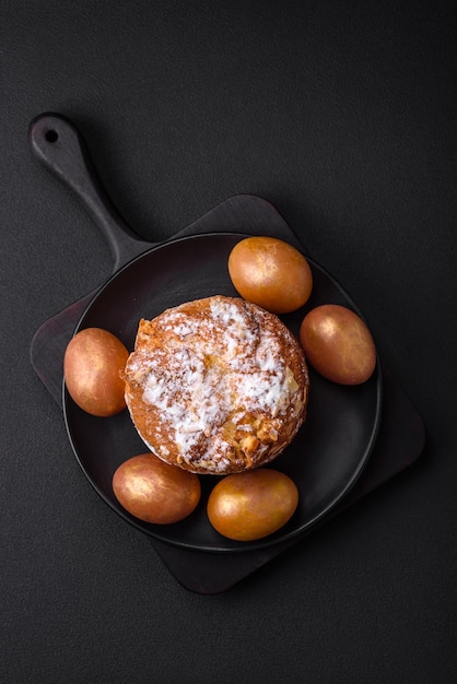 Delicious fresh Easter cake with fruits and raisins