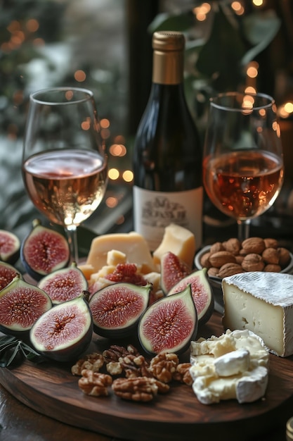 Delicious fresh figs are paired with cheeses nuts and wine in a cozy setting