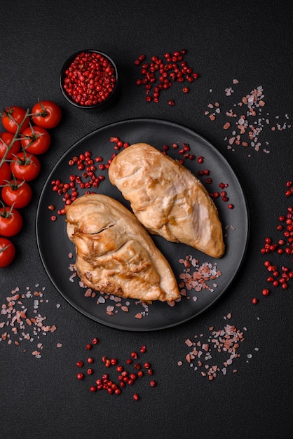 Delicious fresh grilled chicken fillet with salt spices and herbs on a ceramic plate