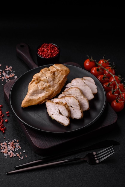 Delicious fresh grilled chicken fillet with salt spices and herbs on a ceramic plate