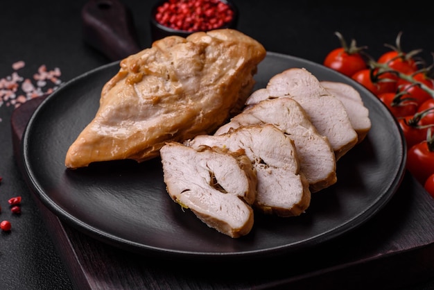 Delicious fresh grilled chicken fillet with salt spices and herbs on a ceramic plate