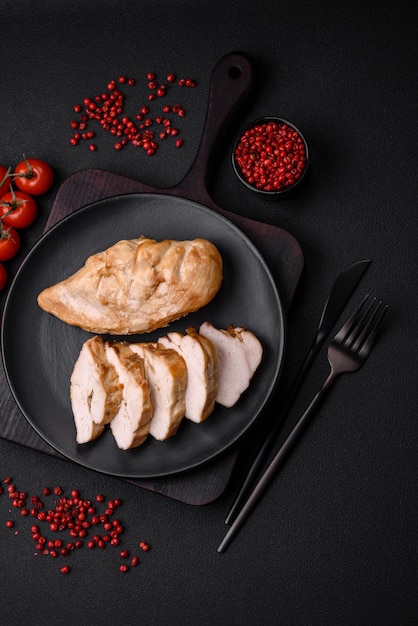 Delicious fresh grilled chicken fillet with salt spices and herbs on a ceramic plate