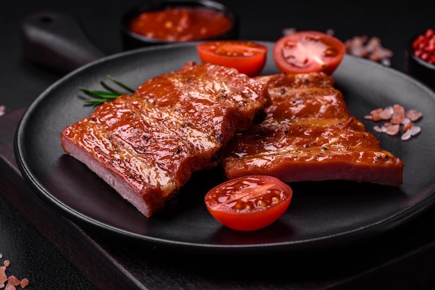 Delicious fresh grilled or smoked ribs with salt spices and herbs