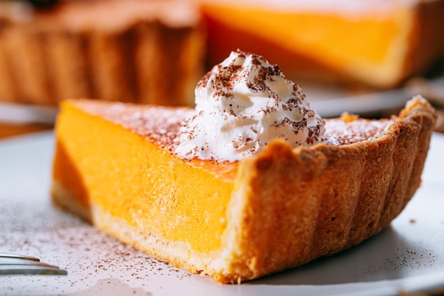 Delicious Fresh Homemade Thanksgiving Pumpkin Pie with a sliced wedge ready to be eaten