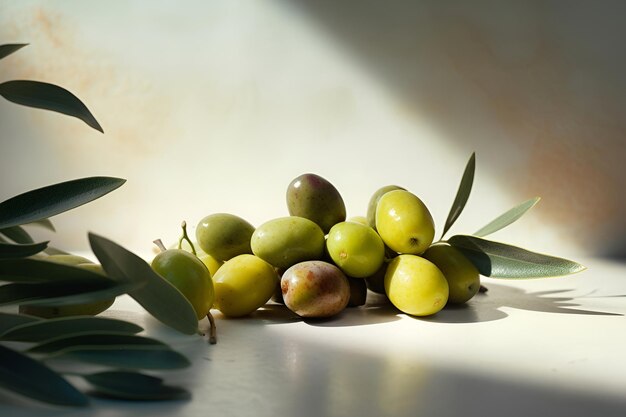 Delicious fresh olives with leaves on light background closeup AI generated