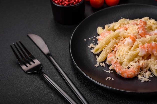 Delicious fresh penna pasta with shrimp sauce cheese salt and spices